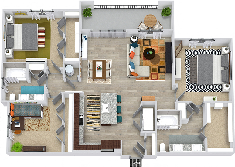 Floor plan for 3 beds, 2 baths, 1464 sqft